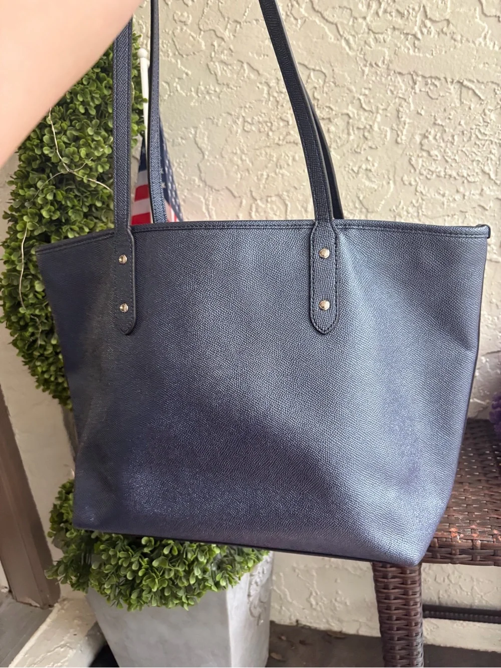 Coach navy blue/denim/metallic Leather Tote with silver logo Accent